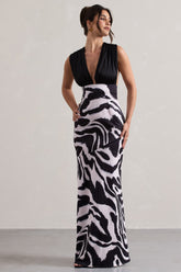 Zebra Print Satin Ruched V-Neck Maxi Dress